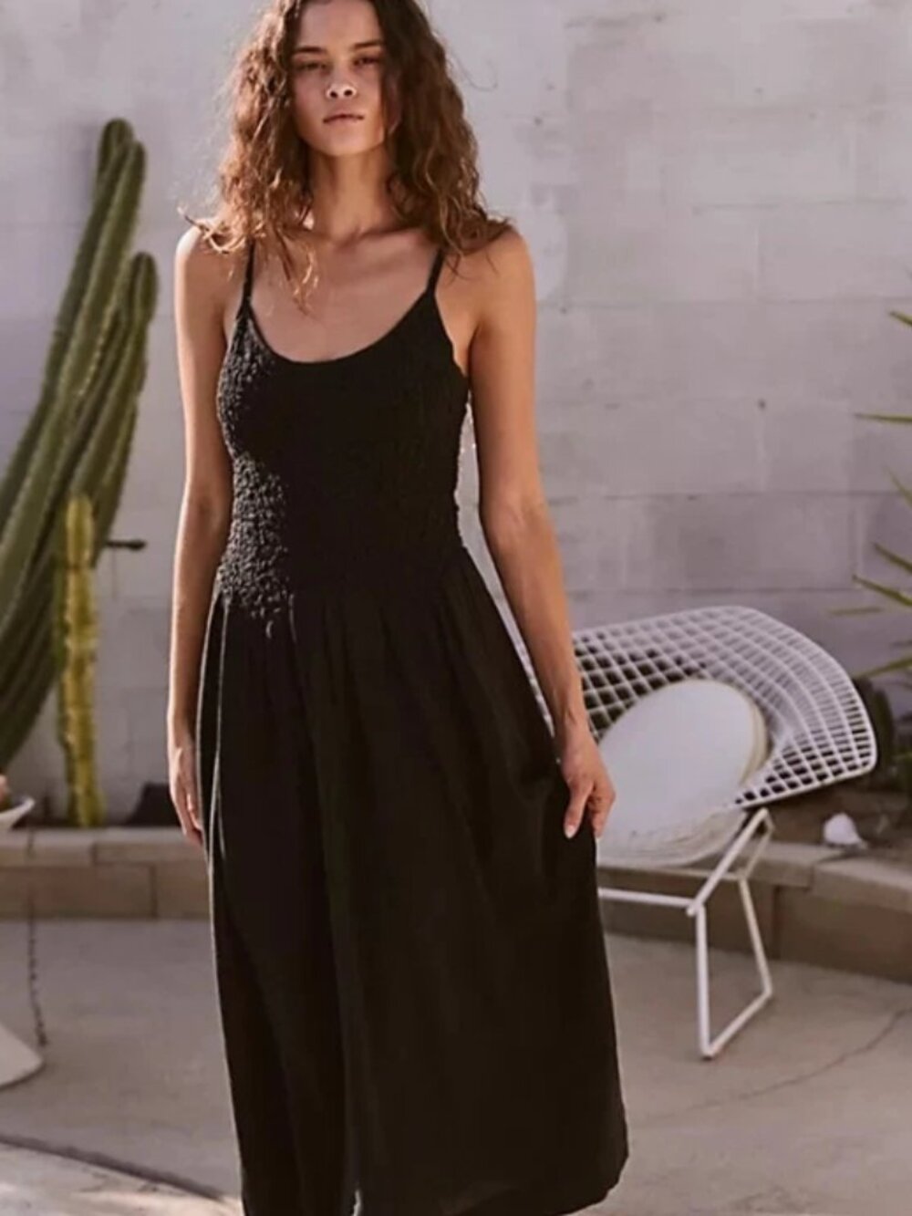 Free People Summer Chapter Midi Dress Tie-Back Straps Smocked Black XS